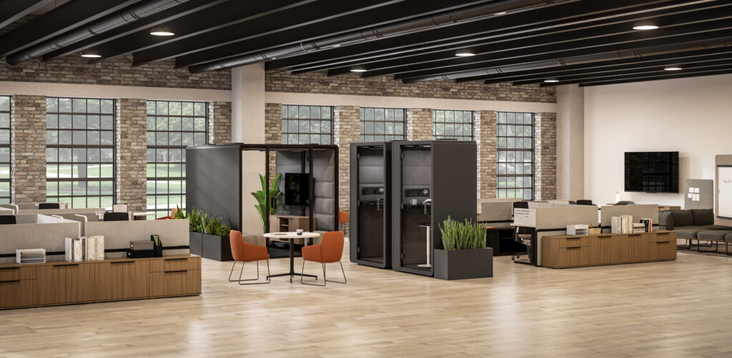 Columbus, OH office with work pods for privacy in a collaborative work environment